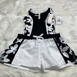 Raisins Girl's Size 7 2pc Set Point Dume 1pc Tank Swimsuit Shorts Black White